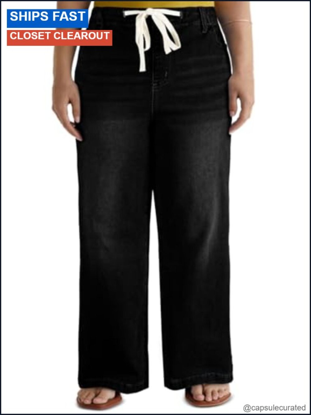 Plus Size Wide Leg Jeans with Pockets Drawstring Elastic Waist Loose Fit Denim